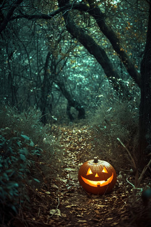 Halloween pumpkin in the forest. Spooky halloween conceptの素材