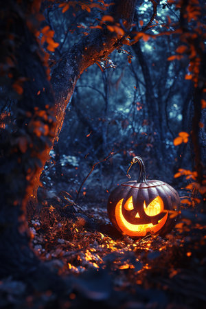 Halloween pumpkin in the dark forest. Spooky Halloween background.の素材