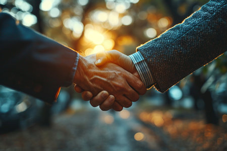 Close-up of two men shaking hands in the park at sunsetの素材
