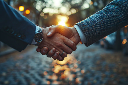 Close-up of two businessmen shaking hands on a city street at sunsetの素材