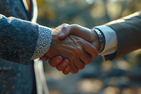 Closeup photo of two unrecognizable people shaking hands outdoors. Handsome man and woman holding hands.の素材