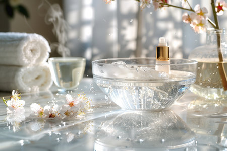 Spa composition with aroma oil in glass bowl, towel and flowers on tableの素材
