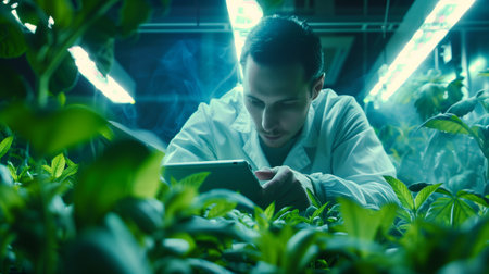 Scientist working on a tablet in a greenhouse. Biotechnology concept.の素材