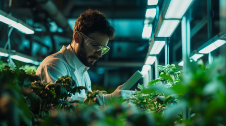 Young man in eyeglasses working with digital tablet in greenhouse.の素材