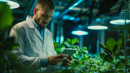 Scientist working on tablet computer in greenhouse. Young man in white coat checking plants in greenhouse.の素材