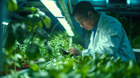 Scientist checking plants in hydroponic greenhouse, he is using a smartphone.の素材