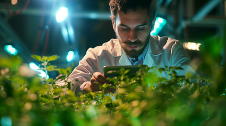 Young man scientist working in greenhouse, examining plants, using tablet computerの素材