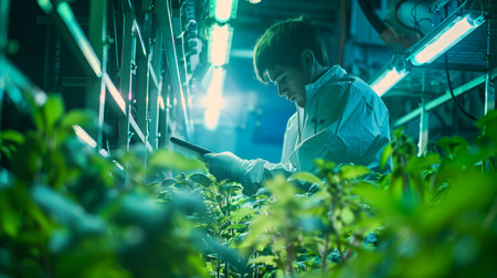 Young scientist working in a greenhouse using a tablet computer and checking plantsの素材