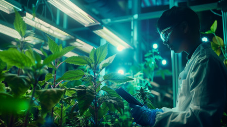 Young woman scientist working in a greenhouse. She is examining plants.の素材