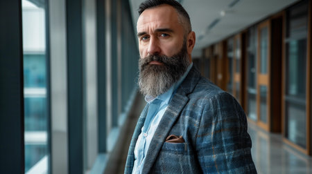 Portrait of a bearded man with gray beard and mustache in a blue jacket in the officeの素材