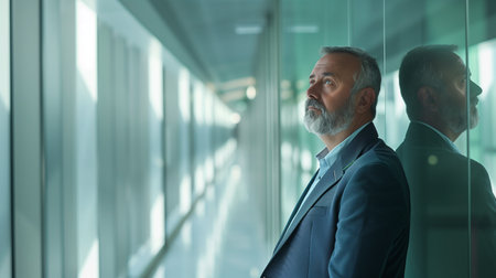 Portrait of an elderly businessman standing in an office lobby and looking awayの素材
