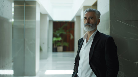 Portrait of a senior businessman with gray hair and beard standing in office lobbyの素材