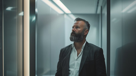 Portrait of a bearded businessman in a modern office, looking awayの素材