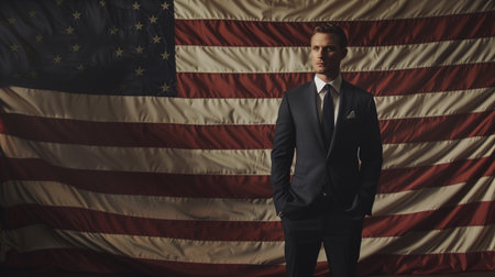 Handsome businessman in suit and tie standing against american flagの素材