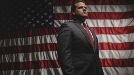 Portrait of a confident businessman standing in front of an American flagの素材