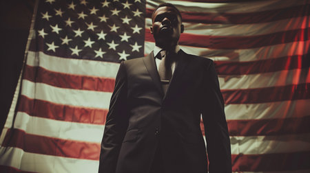 Portrait of confident man in suit standing against american flag backgroundの素材