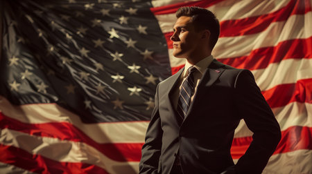 Businessman with american flag on background. Image is intentionally toned.の素材