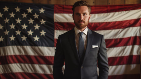 Portrait of a confident businessman standing against american flag background.の素材