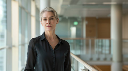 Portrait of mature businesswoman standing in corridor of modern office buildingの素材