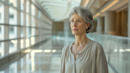 Portrait of a senior woman in the corridor of a modern officeの素材