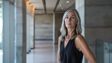 Portrait of a beautiful mature business woman in a modern office buildingの素材