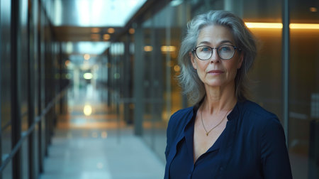 Portrait of senior businesswoman in office corridor at night. Mature businesswoman with glasses.の素材