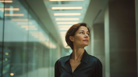 Beautiful businesswoman standing in corridor of office building and looking upの素材