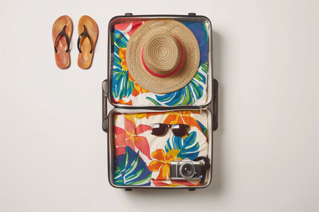 Suitcase with summer accessories on white background. Top view.の素材