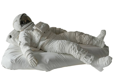 Astronaut sleeping on a white bed isolated on white background.の素材