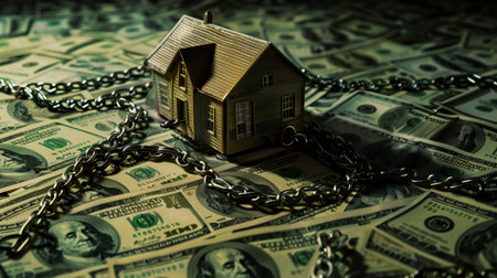 House with chain on dollar banknotes background. Real estate concept.の素材
