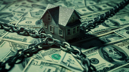 House with chain on the background of dollar bills. Mortgage concept.の素材