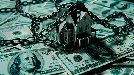 House with chain and padlock on dollar banknotes background. Property insurance concept.の素材