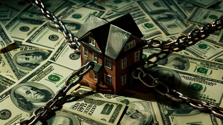 House with chain and chain on the background of dollar bills. The concept of financial security.の素材