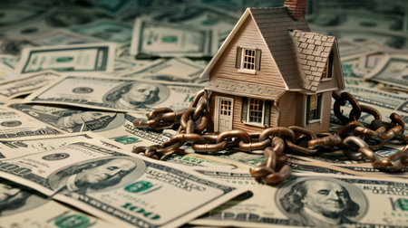 House with chain on dollar background. Concept of financial security and insurance.の素材