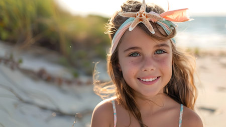 A cheerful little girl wearing a starfish headband smiles while posing on the beach with seashells during a sunny dayの素材
