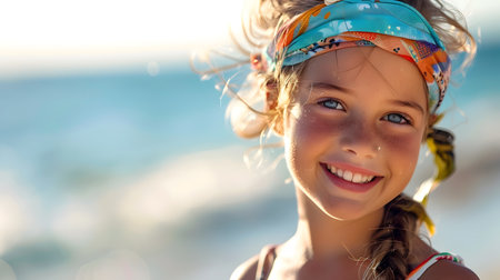A young girl with a head scarf smiles happily while playing on the beach during a summer vacation, with a color splash effect in the style of explosive pigmentation and sun-kissed palettesの素材