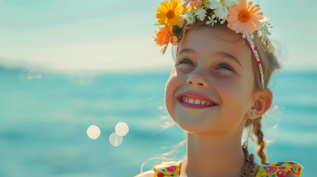A smiling little girl in a flower crown stands on the beach, looking up at the blue sky with sunglasses in hand, surrounded by seaside elements and solarization effectの素材