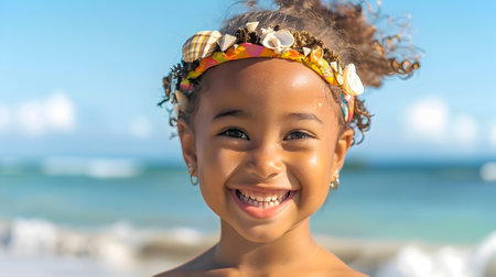 A cheerful young girl with a vibrant headband smiles while standing on a sandy beach, with the ocean and sunshine in the backgroundの素材