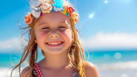 A cheerful little girl in a sunny beach setting, wearing a crown and a colorful dress, smiling and posing for a photo, with seashells in hand and the ocean in the background, evoking aの素材