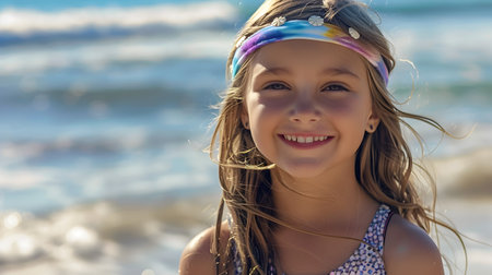 A cheerful girl with a headband smiles at the vast ocean in St Nicholas, Texas, during a bright summer day She wears a white t-shirt and is about to put on a bandana, surrounded by naturalistic oceanの素材