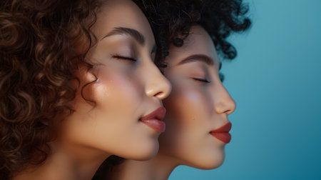 A heartwarming side profile illustration featuring two young women of diverse ethnicities celebrating their natural beauty, with a closer view focusing on their facial features and skincare products,の素材