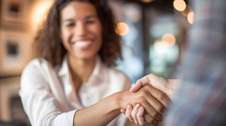 A photo of an African American woman in her late thirties, smiling and shaking hands with a business partner at a modern coffee shop She is wearing business casual attire and the background shows aの素材