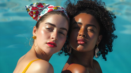 Two young women with contrasting skin tones and curly hair wear colorful headscarves and red lipstick, posing for a photo by a blue pool The cinematic shot features film grain, accent lighting, and aの素材