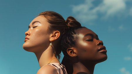 Two women, one black and one white, standing back to back with their eyes closed, basking in the soft, natural light of a summer day, with a blue sky in the background Shot in a cinematic style fromの素材
