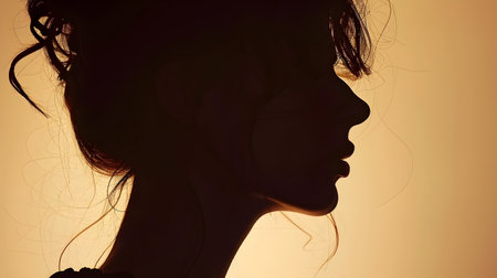 A silhouette of a beautiful woman in profile, backlit with soft light and warm tones, against a yellow background The image has a romantic and elegant mood, with a focus on the womans face and hairの素材