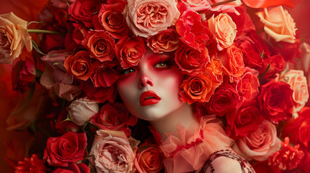 An artistic photograph of an elegant woman with her head covered in red and pink roses, creating a surreal and captivating effect The background features a rich tapestry of various shades of roseの素材