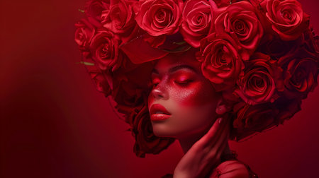 Stunning African American woman with an elaborate headpiece made of red roses, posing for a captivating Valentines Day photoshoot against a deep crimson background The soft lighting accentuates herの素材