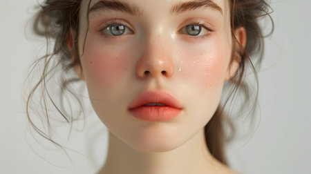 A close-up depiction of a young woman with a soft smile and barefaced makeup, set against a placid beige backgroundの素材