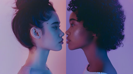 This AI-generated photograph captures two beautiful young women with distinctive racial traits, facing each other in profile with closeups of their faces They share a moment of deep connection,の素材