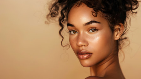 This medium shot captures the serene expression of a young woman, adorned with subtle makeup and a gentle smile The tender beige backdrop complements her calm demeanor, creating an atmosphere ofの素材
